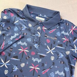 Columbia PFG Boys Polo Collared Shirt L 14/16 Blue Tropical Fishing Golf
